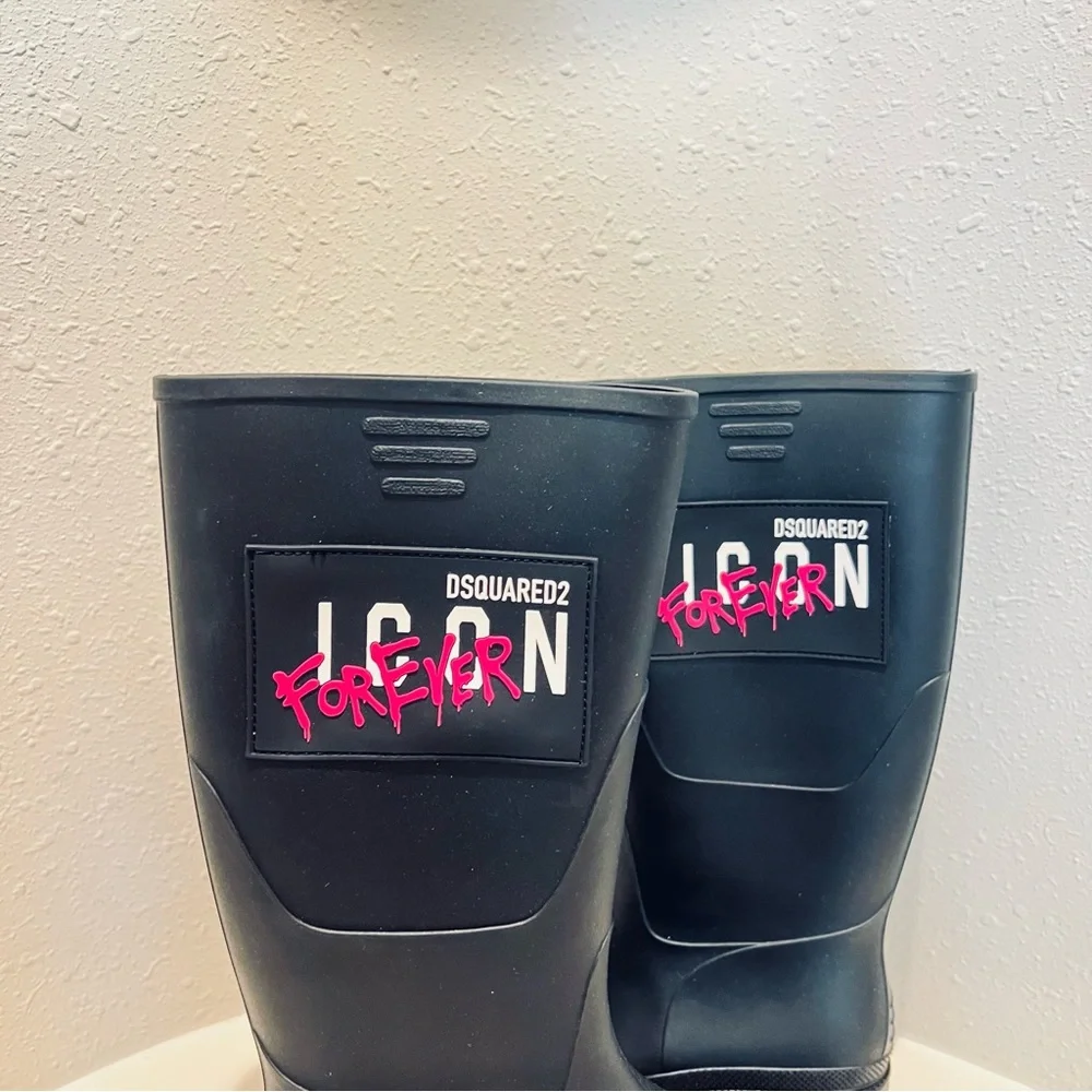 DSQUARED2 Women’s Icon Forever Tall Black Rubber Rain Boots Size 8 NEW - Picture 6 of 15